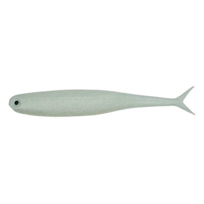 Dstyle Virola soft fishing lure in a translucent white color with a streamlined body and forked tail designed for realistic movement to attract fish.