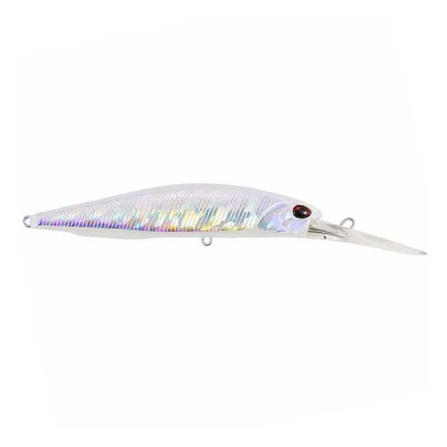 Duo Realis 100DR Jerkbait fishing lure with a sleek, iridescent white body and detailed eye, designed for effective musky and freshwater fishing tackle.