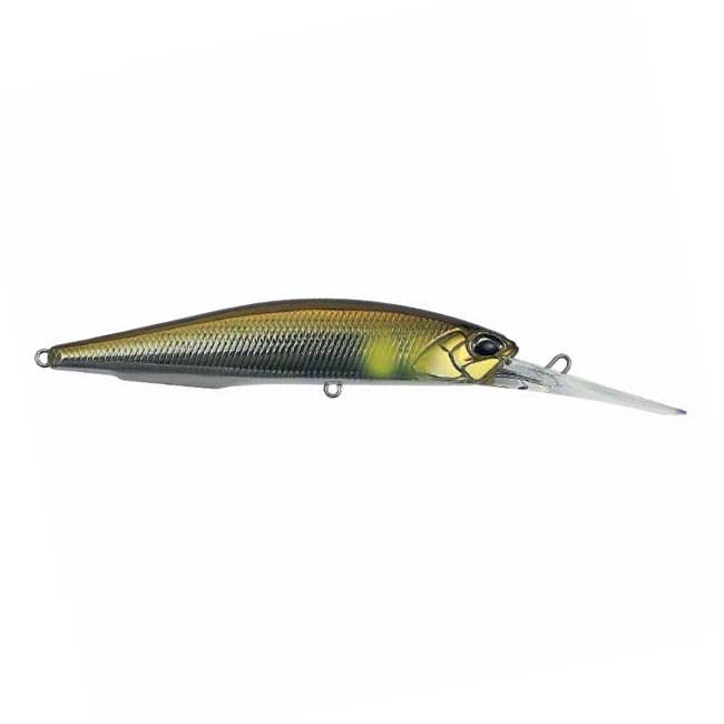 Duo Realis 100DR Jerkbait fishing lure with a slender, realistic fish design in green and gold tones, featuring a clear diving lip for deep water fishing.
