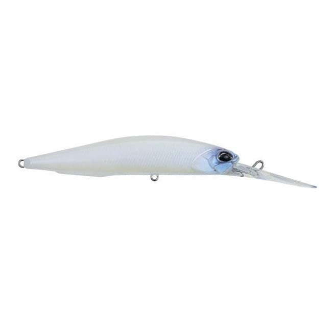 Duo Realis 100DR Jerkbait fishing lure in pearlescent white with a long diving lip, realistic fish eye, and streamlined body designed for musky and freshwater fishing.