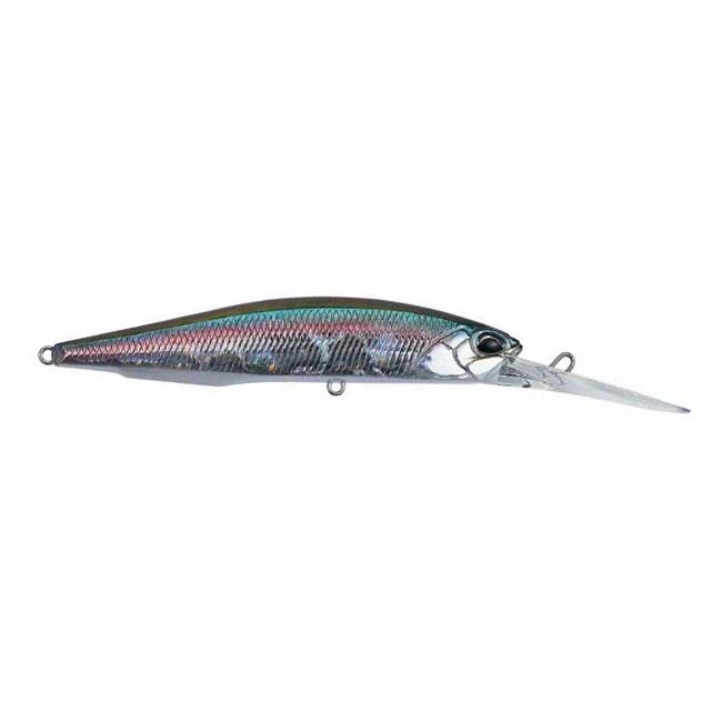 Streamlined fishing lure with reflective purple and green scale pattern, detailed eyes, and extended clear diving lip, designed as Duo Realis 100DR Jerkbait for fishing tackle.
