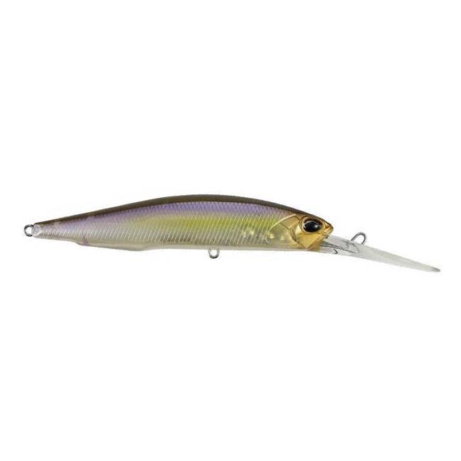 Duo Realis 100DR Jerkbait fishing lure with a slender, elongated body featuring a gradient color from gold to purple and a clear plastic diving lip for deep water fishing.