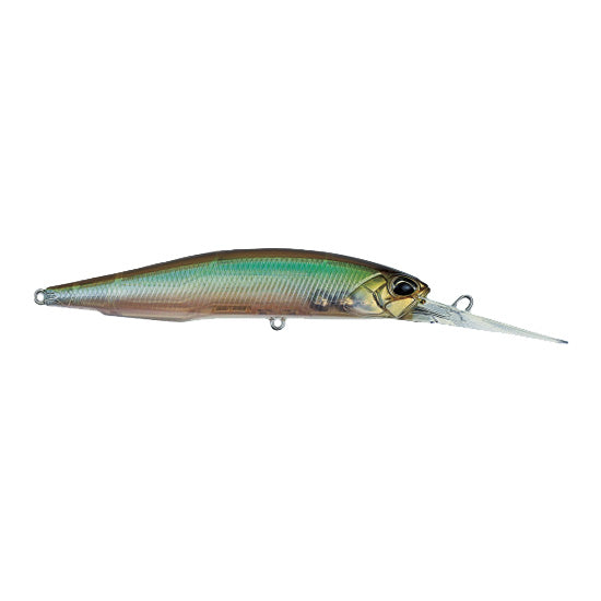 Duo Realis 100DR Jerkbait fishing lure with a slender, minnow-shaped body featuring a green and gold reflective finish and a clear diving lip for deep water fishing.