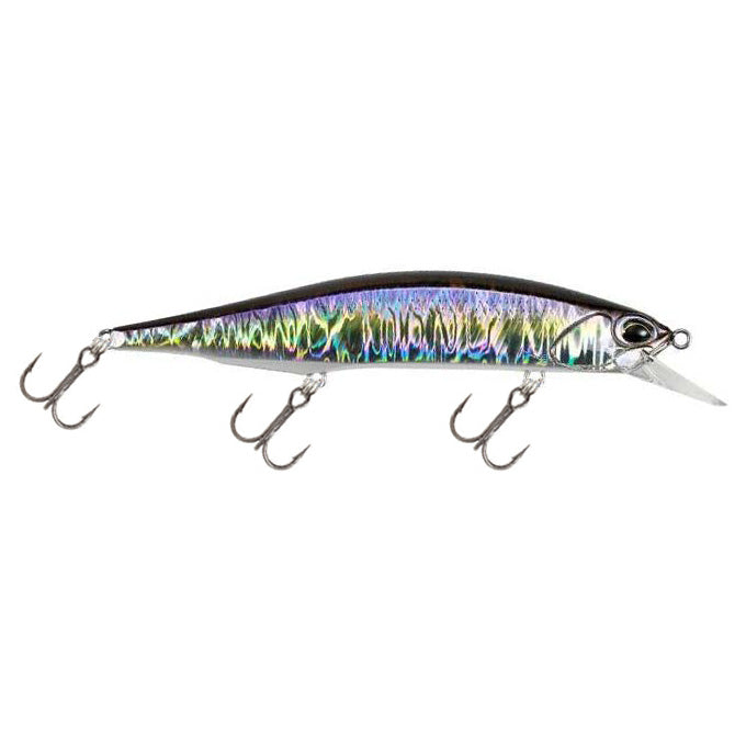 Duo Realis 110SP Jerkbait with a sleek, elongated body featuring an iridescent, reflective finish and three sharp treble hooks for effective fishing tackle use.