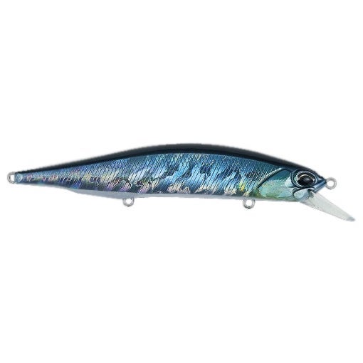 Duo Realis 110SP Jerkbait in blue and silver with detailed scale pattern, designed for fishing tackle enthusiasts targeting musky and other game fish.