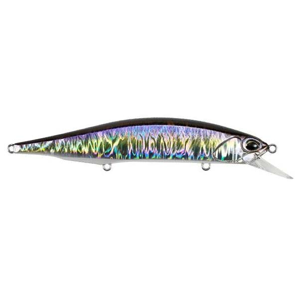 Duo Realis 110SP Jerkbait fishing lure with a shiny, reflective body featuring blue, green, and silver hues, designed for lifelike action in freshwater fishing.