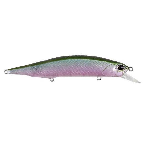 Duo Realis 110SP Jerkbait fishing lure with a streamlined shape, green and pink iridescent body, lifelike eyes, and a clear diving lip for precise fishing tackle use.