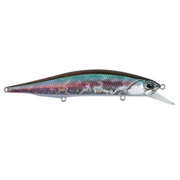 Duo Realis 110SP Jerkbait fishing lure with a slender, elongated body featuring a reflective, multicolor finish and a clear diving lip for realistic movement in water.