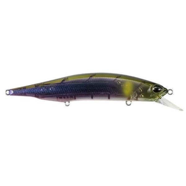 Side view of a Duo Realis 110SP Jerkbait fishing lure in translucent dark blue and olive green colors with detailed scale patterns and a clear plastic lip for lure diving.