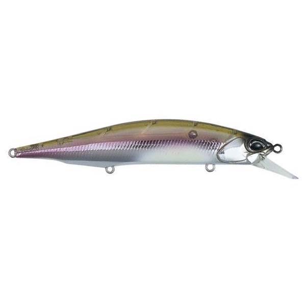 Duo Realis 110SP Jerkbait fishing lure with a slim, minnow-shaped body featuring a translucent olive and silver finish, designed for realistic movement in water.