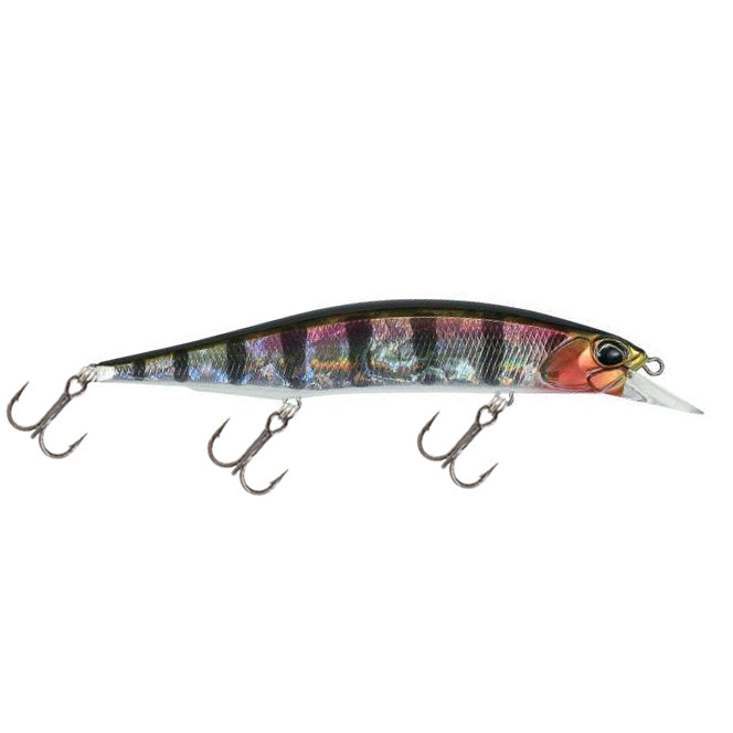Duo Realis 120SP Jerkbait fishing lure with a sleek, multi-colored reflective body, detailed fish scale pattern, three treble hooks, and a clear diving lip for realistic underwater movement.
