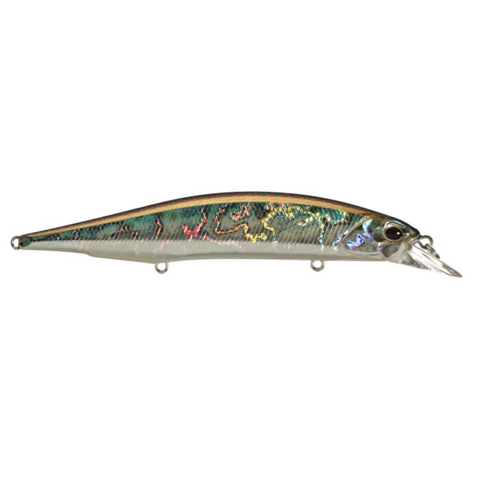 Duo Realis 120SP Jerkbait fishing lure with a slender, elongated body featuring iridescent green and silver hues and a clear plastic lip for diving action.