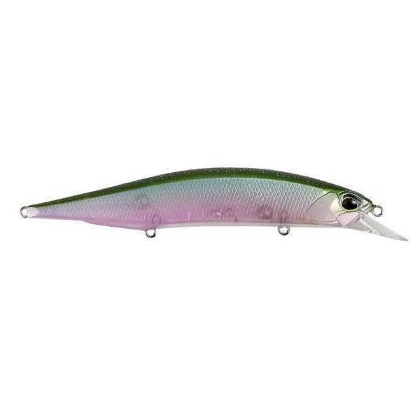 Duo Realis 120SP Jerkbait fishing lure in green and purple hues with realistic fish scale texture and a clear diving lip for precise water action.