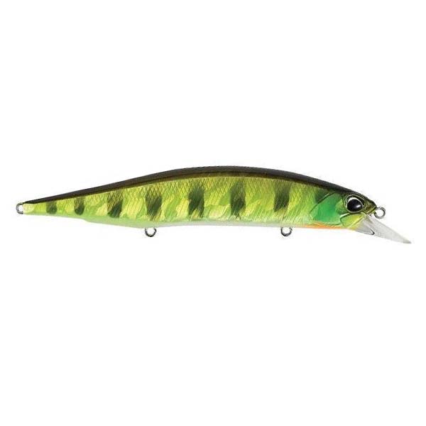 Slim green and yellow fishing lure with black vertical stripes, detailed eyes, and a clear angled lip, designed as the Duo Realis 120SP Jerkbait for precise fishing tackle use.