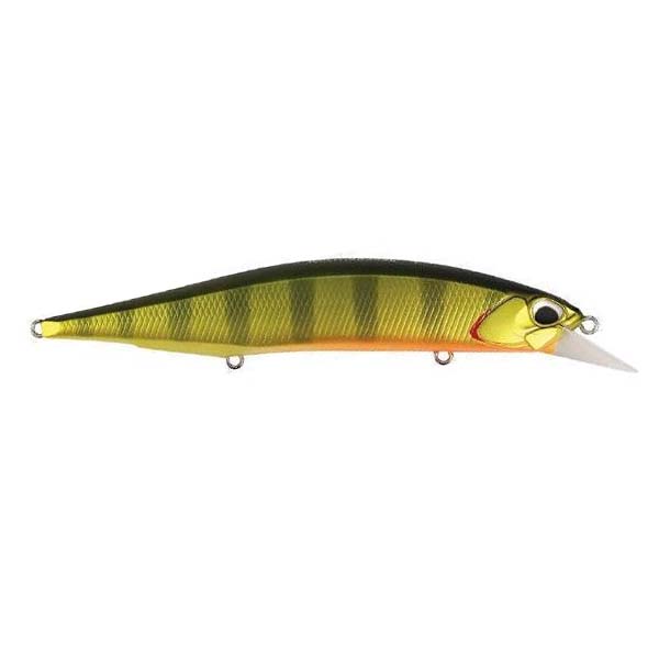 Duo Realis 120SP Jerkbait fishing lure with a green and yellow striped body, detailed fish eye design, and a clear angled diving lip for lifelike movement in water.