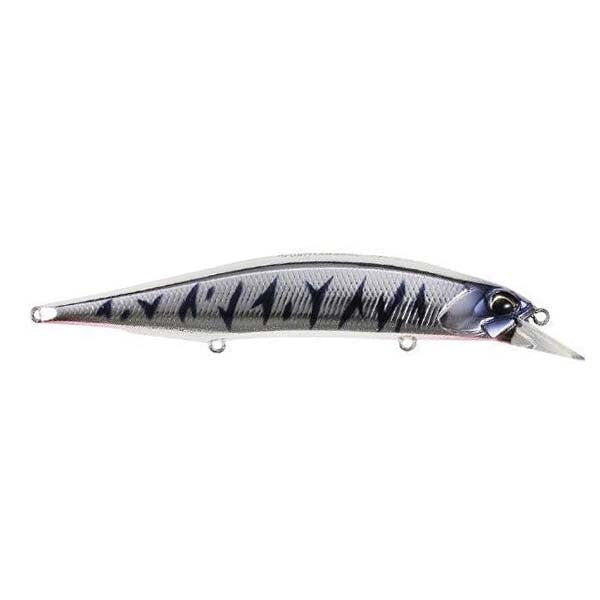 Duo Realis 120SP Jerkbait fishing lure with a sleek, silver body and dark tiger stripe pattern, featuring a small diving lip and multiple attachment points for hooks.