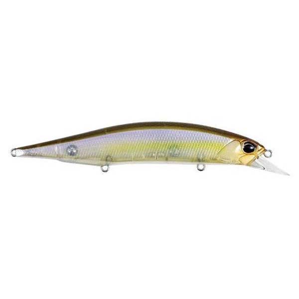 Duo Realis 120SP Jerkbait fishing lure with a slender, minnow-shaped body featuring a natural finish in shades of gold, silver, and subtle purple, designed for lifelike movement in the water.