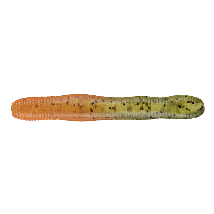 Duo Realis Wriggle ND Slim soft fishing lure with a segmented body in orange and green hues speckled with black spots, designed for realistic movement in water.