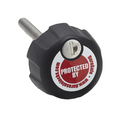 Close-up of a black locking knob with a metal key slot and a threaded metal bolt, featuring a red and white label reading "Protected by www.durasafelocks.com", showing the DuraSafe Bow Mount Ultrex Lock designed for secure marine electronics mounting.