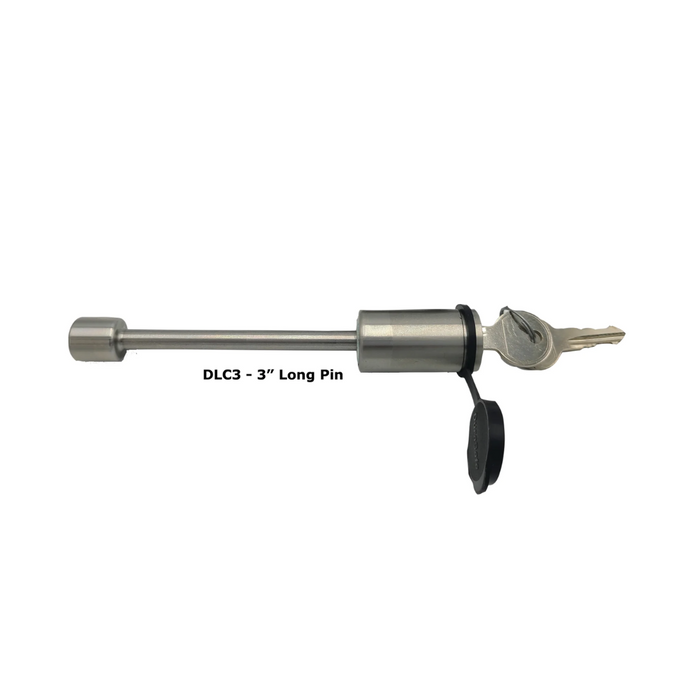 DuraSafe Coupler Lock 3" Pin, stainless steel heavy-duty locking pin with attached key and protective cap, designed for secure marine and fishing trailer connections.