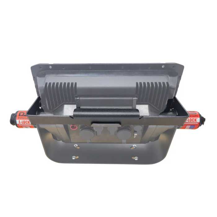 DuraSafe G-Cradle Bracket For Garmin With E-Locks showing the durable black cradle and secure locking mechanism designed for mounting Garmin marine electronics, suitable for fishing tackle setups.