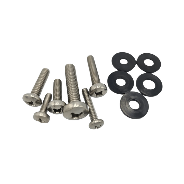 DuraSafe Replacement Screw Pack featuring multiple stainless steel screws and black washers, designed for securing fishing rods and tackle components.