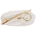 Eagle Claw 9' Braided Nylon Stringer featuring a white braided nylon rope with a gold-tone metal pin and ring for securing caught fish.