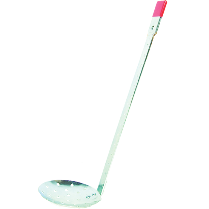 Eagle Claw Chipper Ice Skimmer with a long metal handle and perforated scoop designed for removing slush and ice from fishing holes, featuring a red grip at the end.