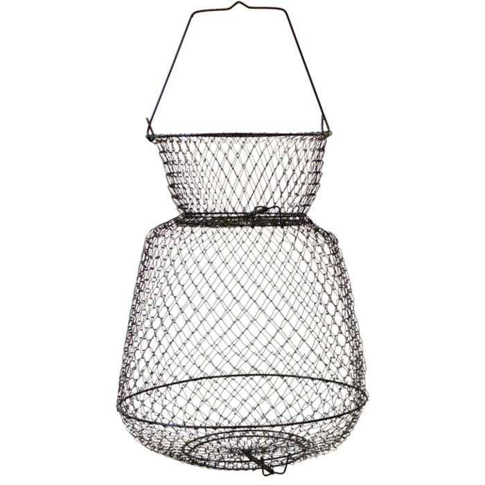 Eagle Claw Fish Basket made of durable metal wire mesh with a collapsible handle, designed to securely hold caught fish for fishing tackle and equipment.