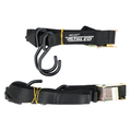 Two black Eagle Claw Jet Sled Adjustable Cargo Straps made of durable nylon webbing, featuring heavy-duty metal ratchet buckles and large black hooks for secure fishing tackle or gear transport.