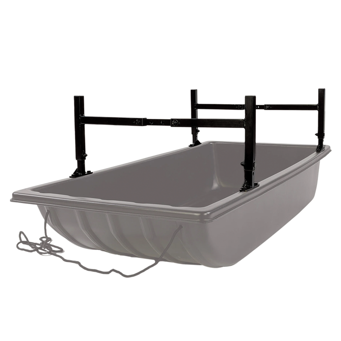 Eagle Claw Jet Sled Cargo Rack, a sturdy gray plastic sled with a black metal frame and adjustable supports, designed for carrying fishing tackle and gear in outdoor conditions.