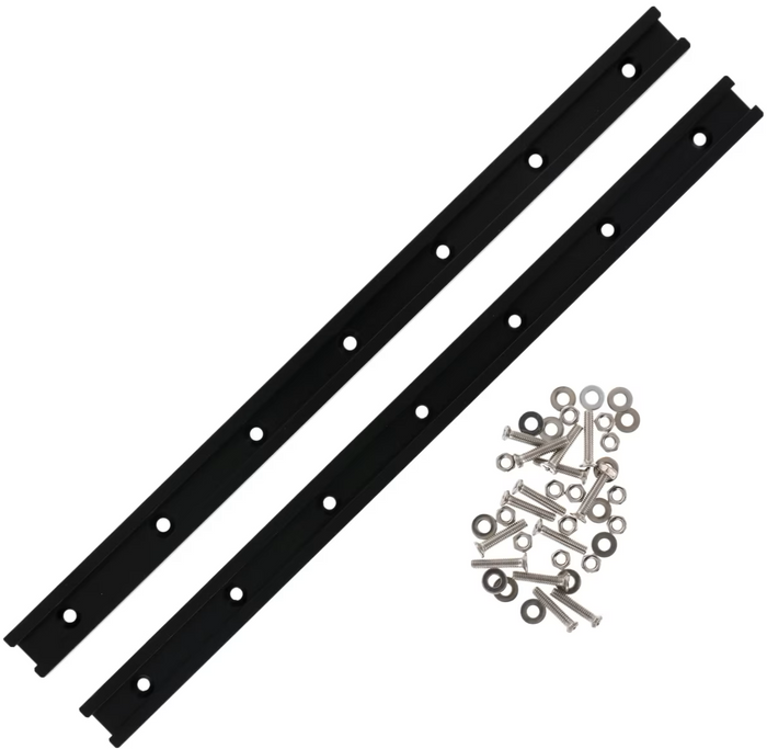Two black Eagle Claw Jet Sled T-Tracks laid parallel with a set of silver mounting screws and washers for fishing tackle or fishing rod setup.