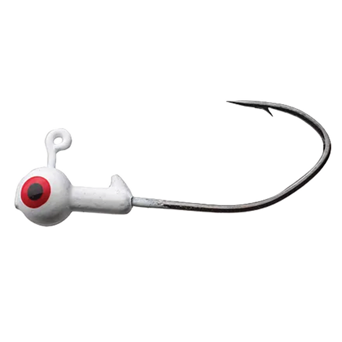Eagle Claw Lazer Sharp Pro-V Ball Head Jig with a white painted ball head featuring a red and black eye design and a sharp curved hook for fishing tackle.
