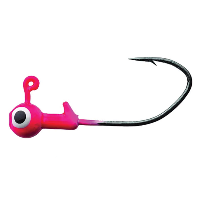 Eagle Claw Lazer Sharp Pro-V Ball Head Jig featuring a bright pink ball head with a large black and white eye design and a sharp, curved black hook for fishing tackle.
