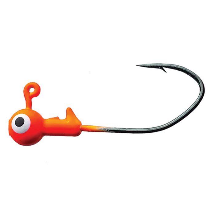 Eagle Claw Lazer Sharp Pro-V Ball Head Jig with bright orange painted round head featuring a large eye design and a sharp curved fishing hook, designed for fishing tackle use.