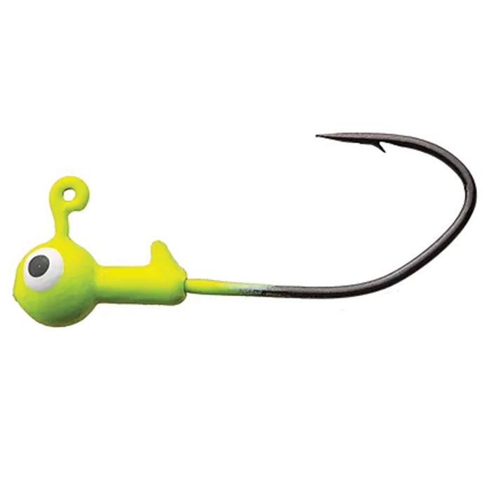 Eagle Claw Lazer Sharp Pro-V Ball Head Jig in chartreuse with a large eye design, featuring a sharp black ball head hook for fishing tackle and lures.