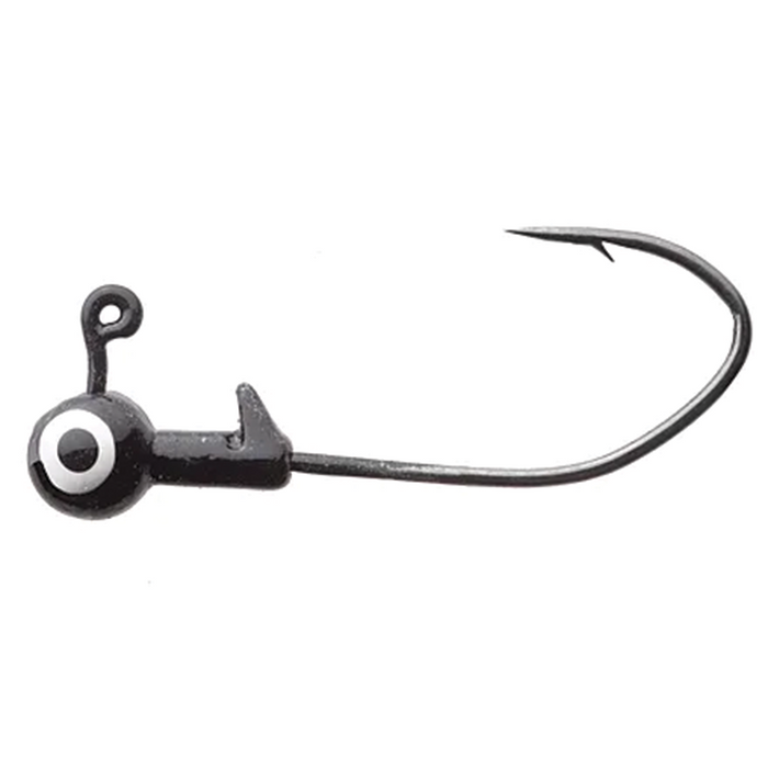Eagle Claw Lazer Sharp Pro-V Ball Head Jig with a black ball-shaped weighted head featuring a white target eye design and a sharp single fishing hook designed for fishing tackle.