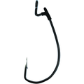 Single sharp black fishing hook with an eyelet and angled barb, designed as Eagle Claw Trokar Mag Worm Hook for precise fishing tackle applications.