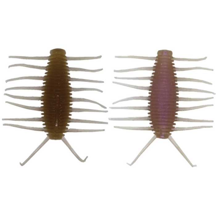 Two soft plastic fishing lures with segmented, ribbed bodies and multiple thin appendages, designed as Engine Boom-Chin for musky fishing tackle.