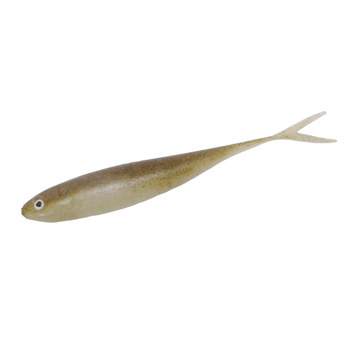Engine LikeFive soft fishing lure in natural greenish-brown color with a forked tail design, used for freshwater and musky fishing tackle.