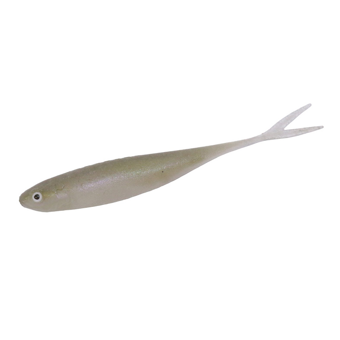 Soft plastic fishing lure in a natural olive color with a forked tail, designed for freshwater fishing, labeled as Engine LikeFive.