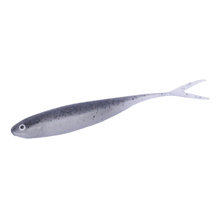 Soft plastic fishing lure shaped like a small baitfish with a forked tail and speckled gray body, designed as the Engine LikeFive for fishing tackle.