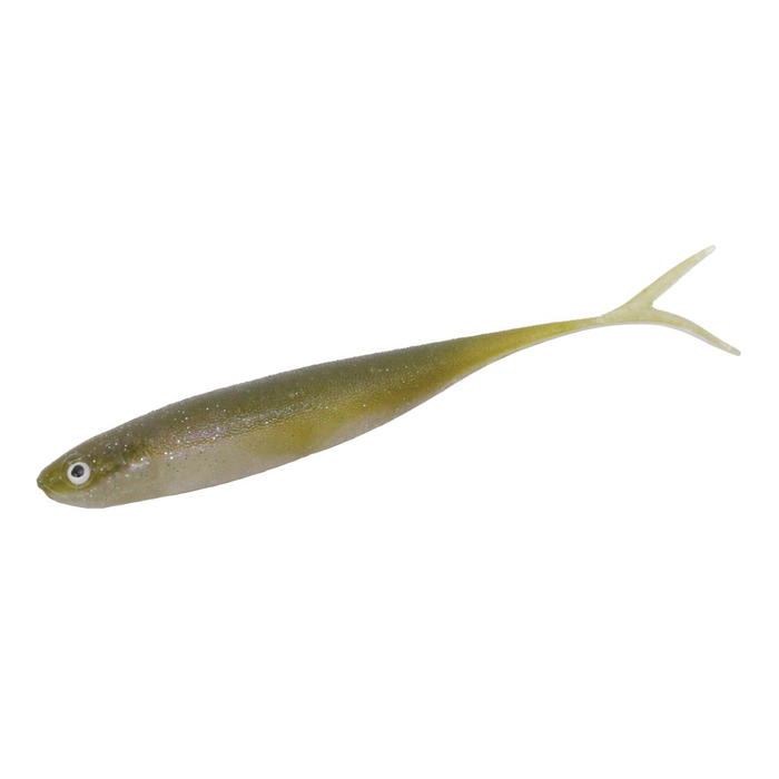 Engine LikeFive soft fishing lure in greenish-yellow with a slender body, realistic eyes, and a forked tail designed for effective fishing tackle use.