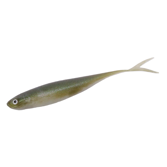 Soft plastic fishing lure with a streamlined body and forked tail in greenish-gray tones designed for use with Engine LikeFive fishing tackle.