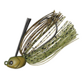Engine Loops Swimming Master Jig featuring a detailed olive green jig head with realistic eyes and a multi-strand skirt in earth tones designed for fishing tackle applications.