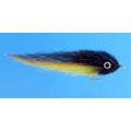 Close-up side view of a black and yellow fishing lure with a rounded head and single hook, designed for musky fishing, identified as EP Fly Dorado 4/0.