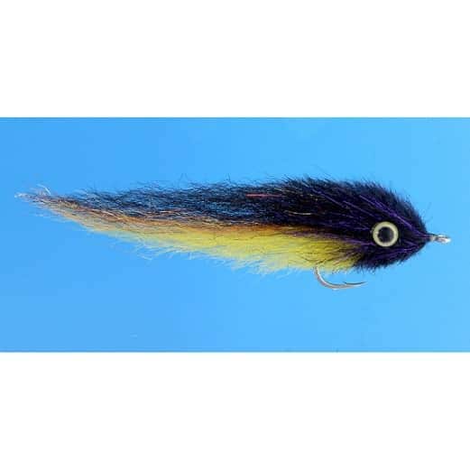 Close-up side view of a black and yellow fishing lure with a rounded head and single hook, designed for musky fishing, identified as EP Fly Dorado 4/0.