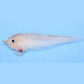 EP Fly GT Sardina Tan 5/0 fishing lure in tan with synthetic fibers, realistic eyes, and single hook designed for freshwater musky and fly fishing tackle.