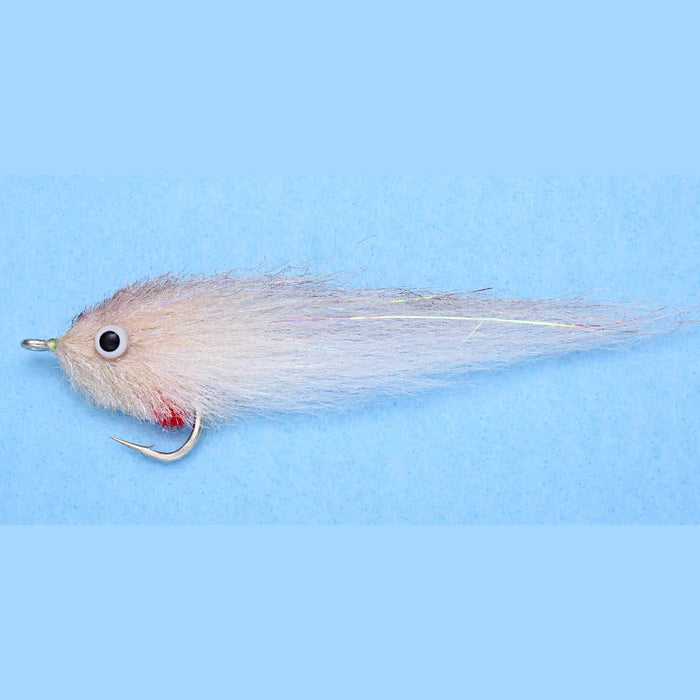 EP Fly GT Sardina Tan 5/0 fishing lure in tan with synthetic fibers, realistic eyes, and single hook designed for freshwater musky and fly fishing tackle.