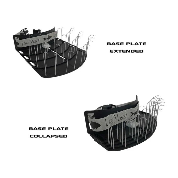 ESE Line Master Stripping Basket showing black plastic base plate in extended and collapsed positions with metal hooks for organizing fishing tackle and lines.